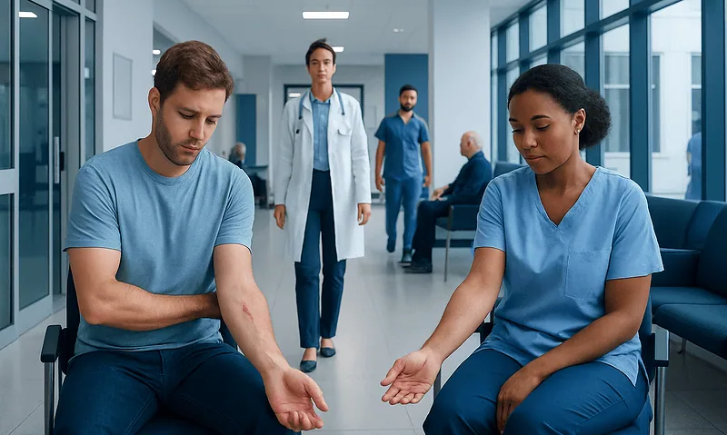Doctors examining skin rashes in a hospital corridor.
