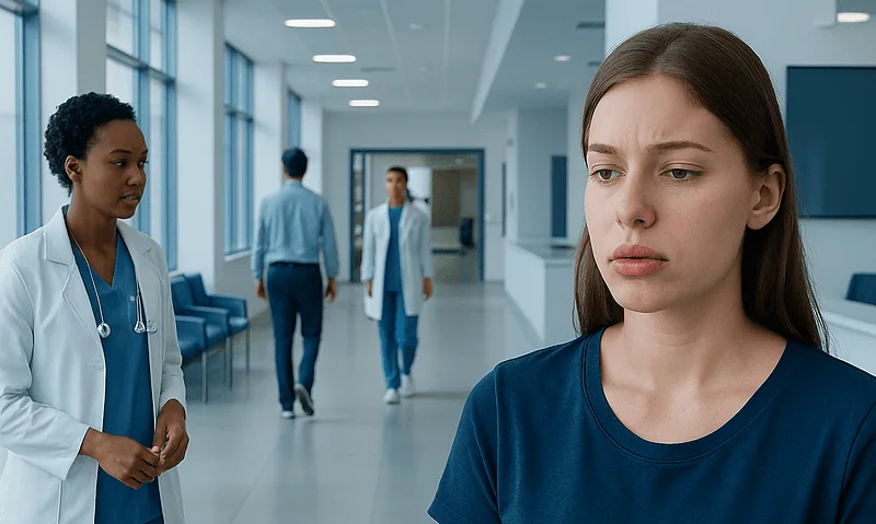 Young woman with hives on lips looking worried in hospital corridor.