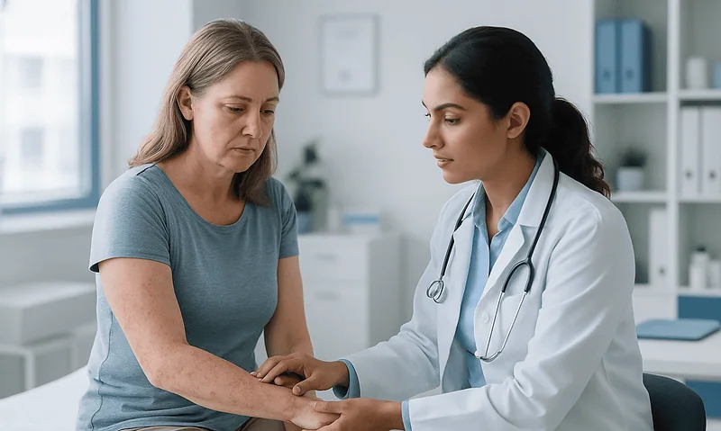 Doctor examining a patient's arm in a medical consultation room.