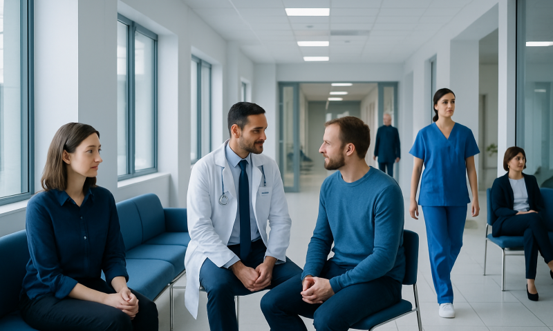 Medical consultation in a modern hospital corridor with healthcare professionals and patients.