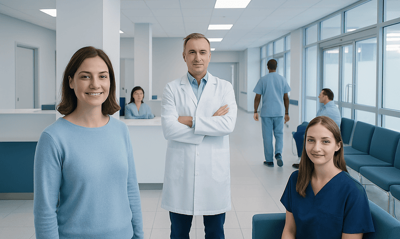 Friendly medical staff in a modern hospital lobby with patients and staff.