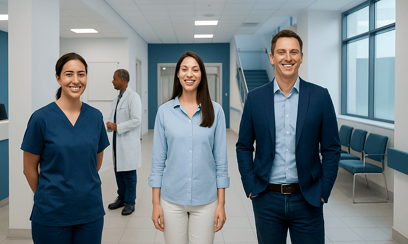 Smiling healthcare professionals in a modern hospital corridor.