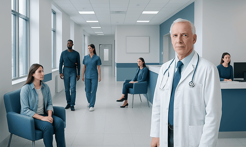 Medical team and doctor in a hospital waiting area.