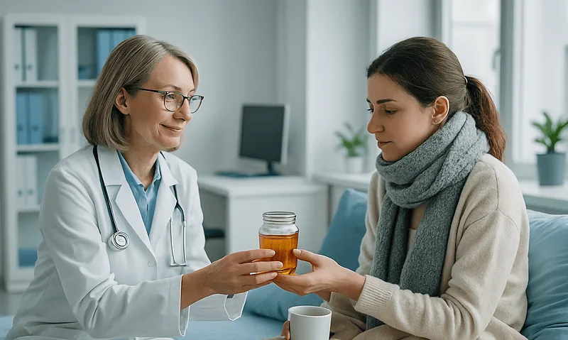 Doctor handing medicine to a patient with a cold in a clinic setting.