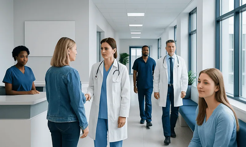 Medical team consulting in hospital corridor with patients and staff.
