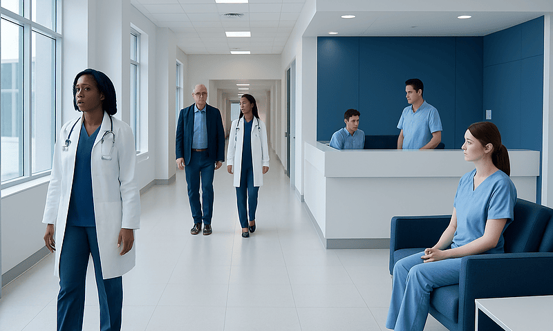 Healthcare professionals and patients in a modern hospital corridor.