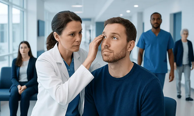 Hordeolum Treatment: How It Works, Results and What to Expect 5 Ophthalmologist examining a patient's eye in a hospital setting.