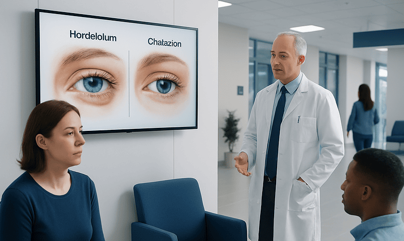 Hordeolum vs Chalazion: Key Differences and How Doctors Tell Them Apart 7 Doctor explains eye conditions to patients with comparison images of Hordeolum and Chalazion.