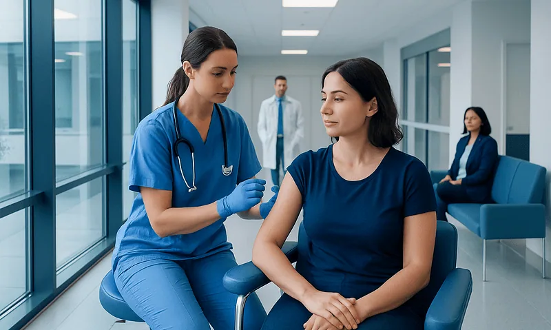 Nurse administering a hormone injection to a patient in a hospital corridor.