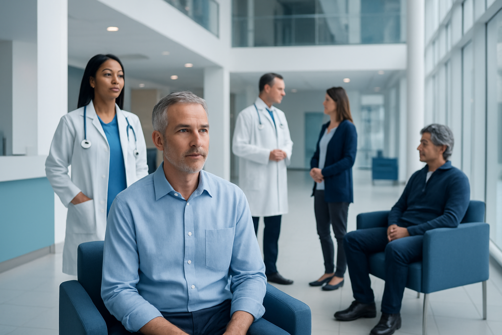 Hormone Therapy for Men Colts Neck: How It Works, Results and What to Expect 1 Medical consultation in hospital lobby with doctors and patient.