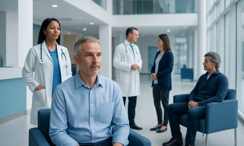 Hormone Therapy for Men Colts Neck: How It Works, Results and What to Expect 11 Medical consultation in hospital lobby with doctors and patient.