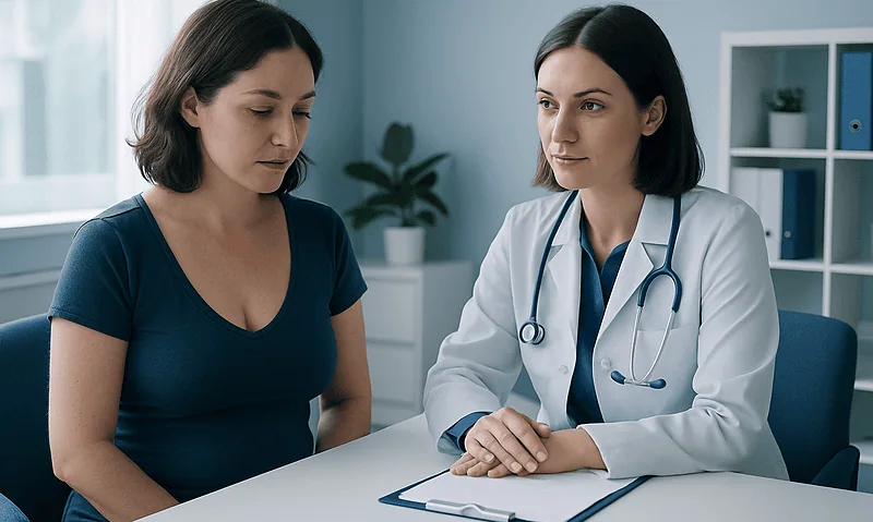 Doctor consulting with a patient about breast hair concerns at Acibadem Hospital.