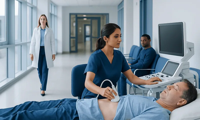 Medical professionals perform an ultrasound exam on a patient in a hospital corridor.