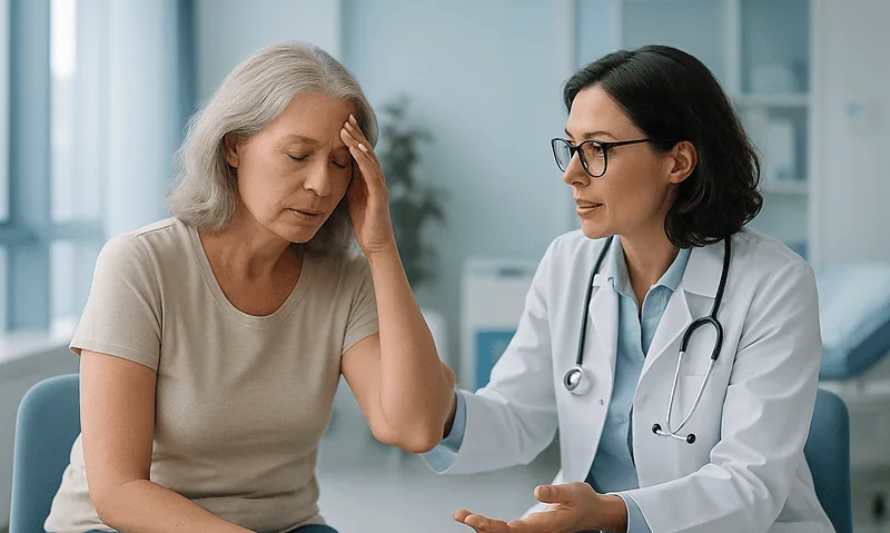 Doctor consulting with a woman experiencing hot flashes in a medical office.