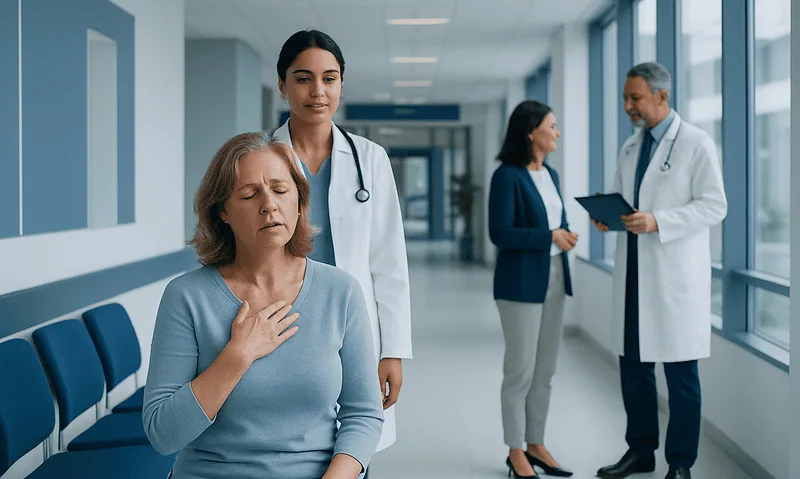 Patient experiencing hot flashes in hospital corridor with medical staff nearby.