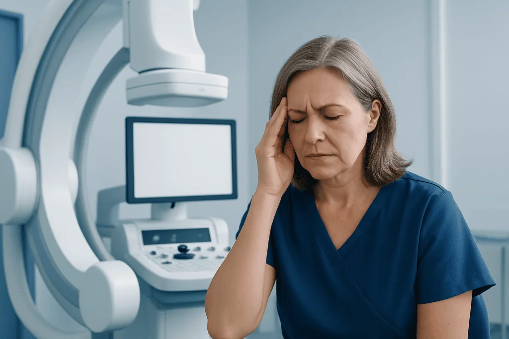 Female patient experiencing headache during brain scan at Acibadem Hospital.