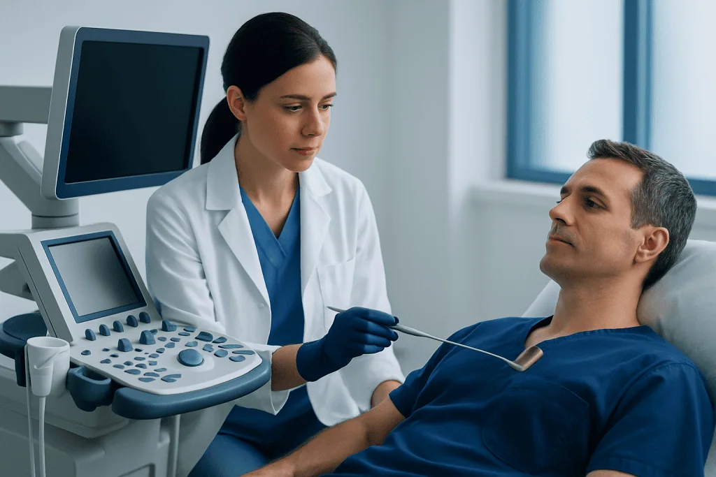 Doctor performing a biopsy procedure on a male patient in a hospital room.