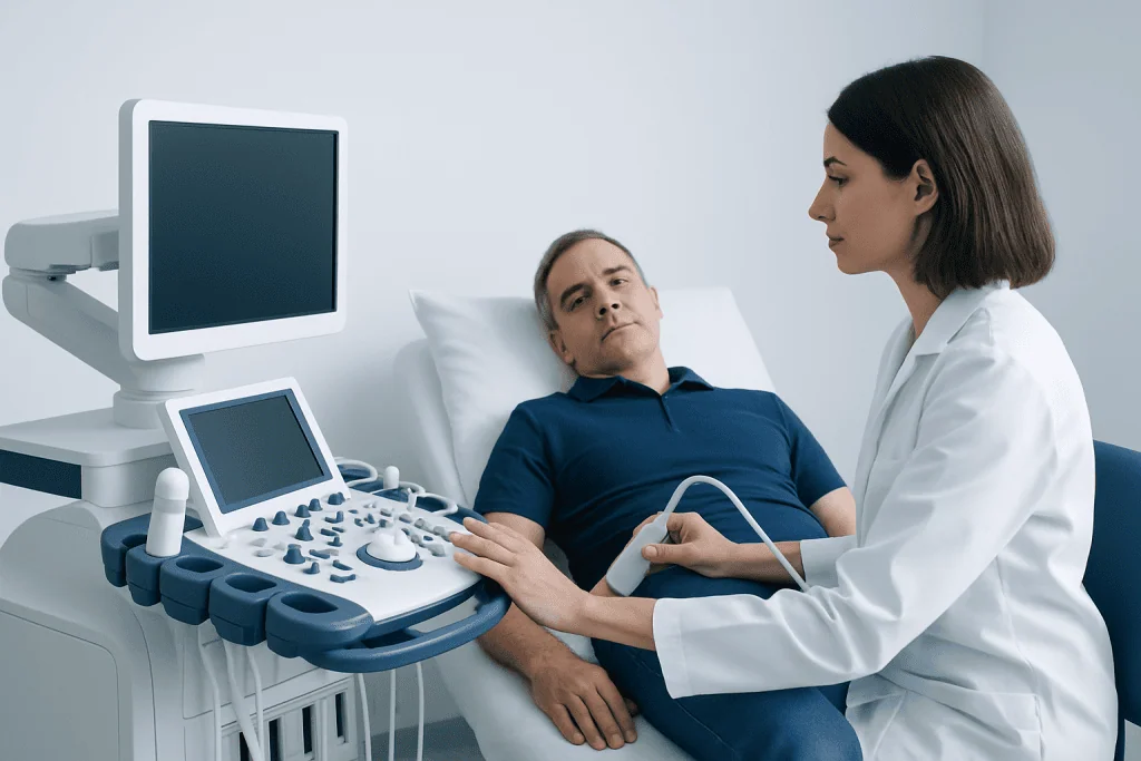 Doctor performing a bladder ultrasound on a male patient in a clinical setting.