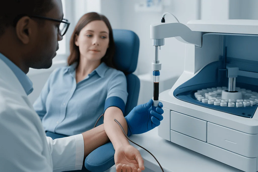 Medical professional drawing blood for testing in a clinical setting.