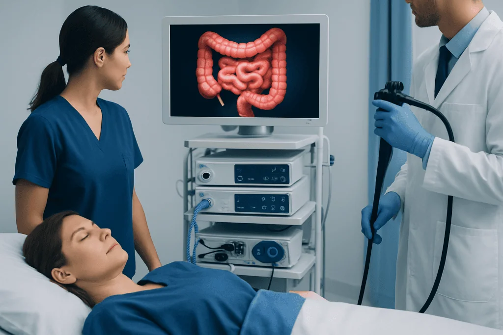 Medical professionals examine a patient with a digital colon model on screen.
