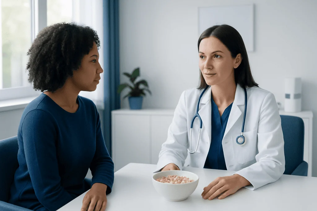 Doctor consulting with patient in a medical office setting.