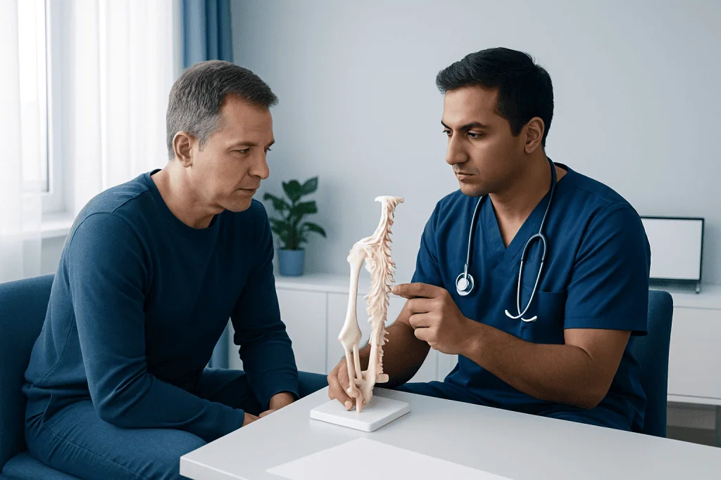 Doctor explaining brachial plexus anatomy to patient in consultation room.
