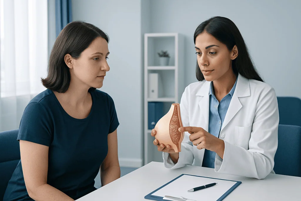 Doctor explaining breast implant to patient in consultation room.