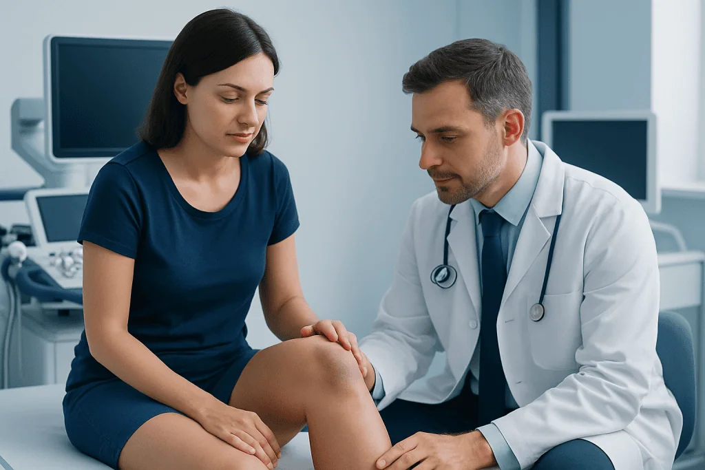 Doctor examining patient's knee in a medical consultation room.