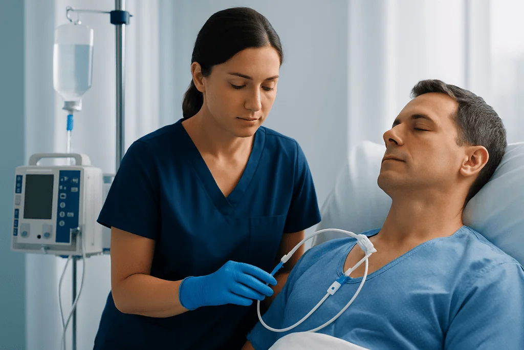 Nurse preparing a patient for central venous catheter placement in hospital.