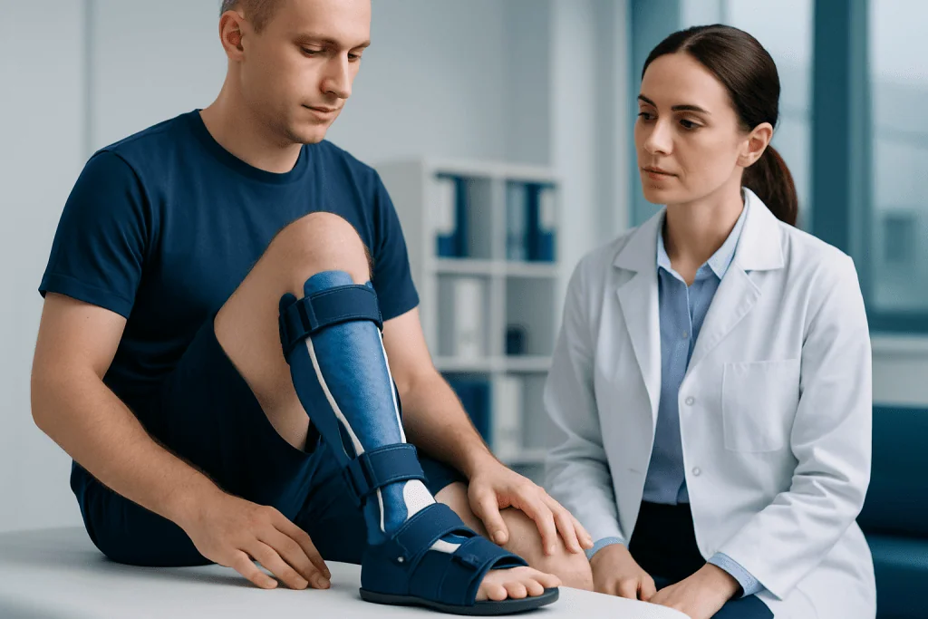 Cerebral Palsy Foot Brace: An Evidence-Based Patient Guide 1 Patient with a leg brace during a medical consultation at Acibadem Hospital.