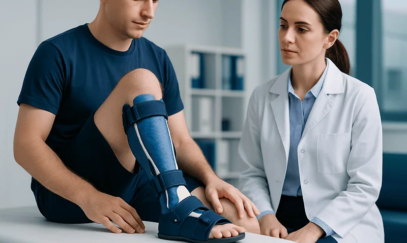 Patient with a leg brace during a medical consultation at Acibadem Hospital.
