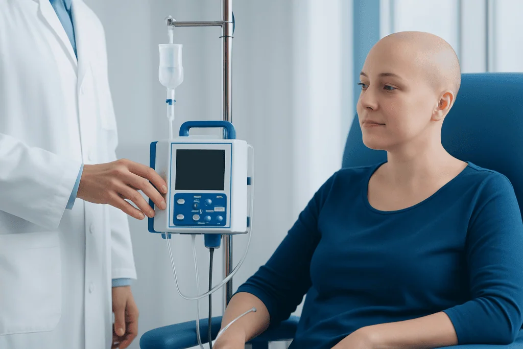 Patient receiving chemotherapy treatment with infusion pump in hospital.
