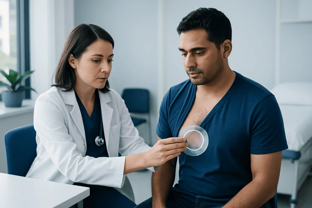 Medical professional applying a chest seal to a patient in a clinical setting.
