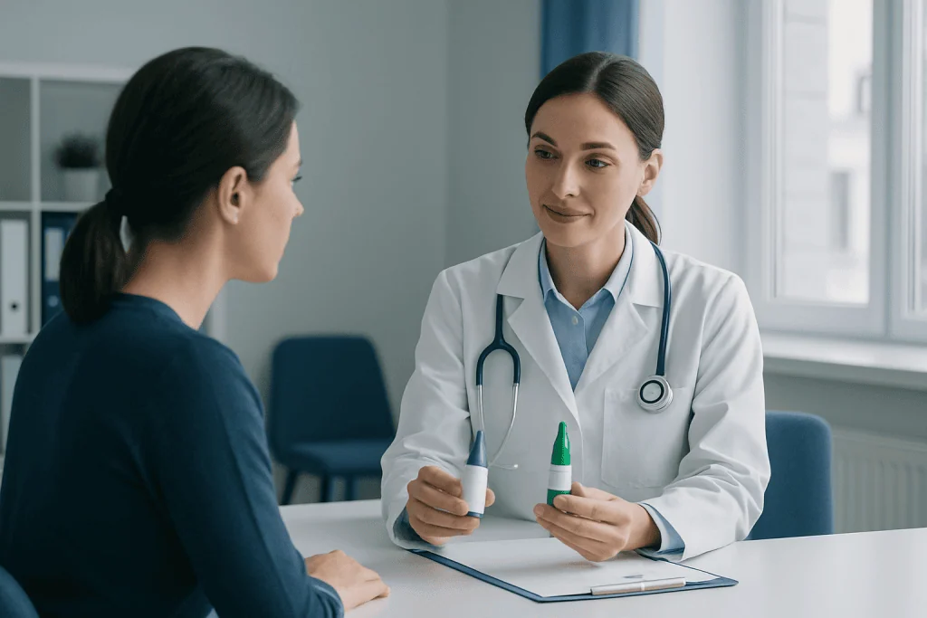 Doctor explaining nasal spray options to patient in clinic setting.