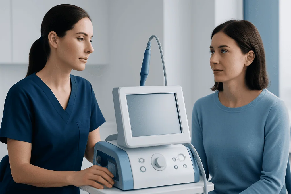 Medical professional explains treatment options to patient in clinic.