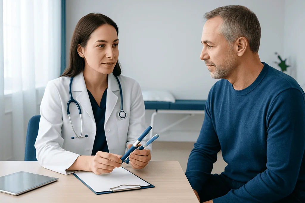 Doctor consulting with male patient in a medical office setting.