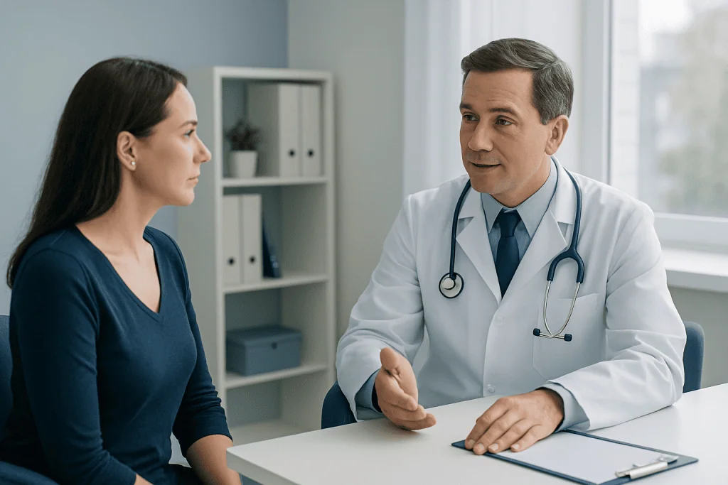 Doctor consulting with a female patient in a medical office.