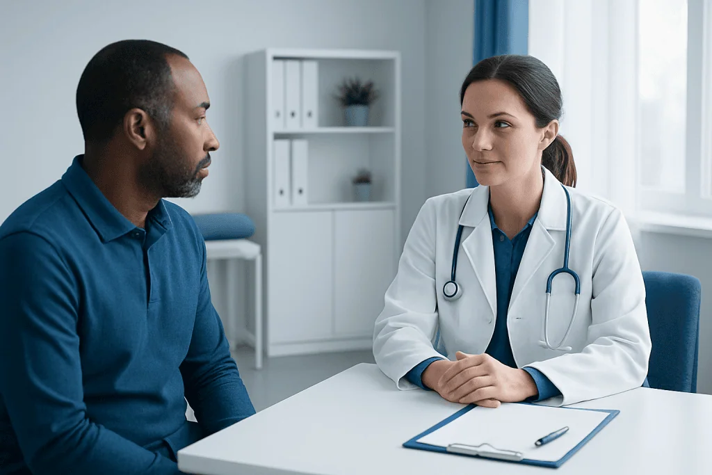Doctor consulting with patient in a medical office setting.