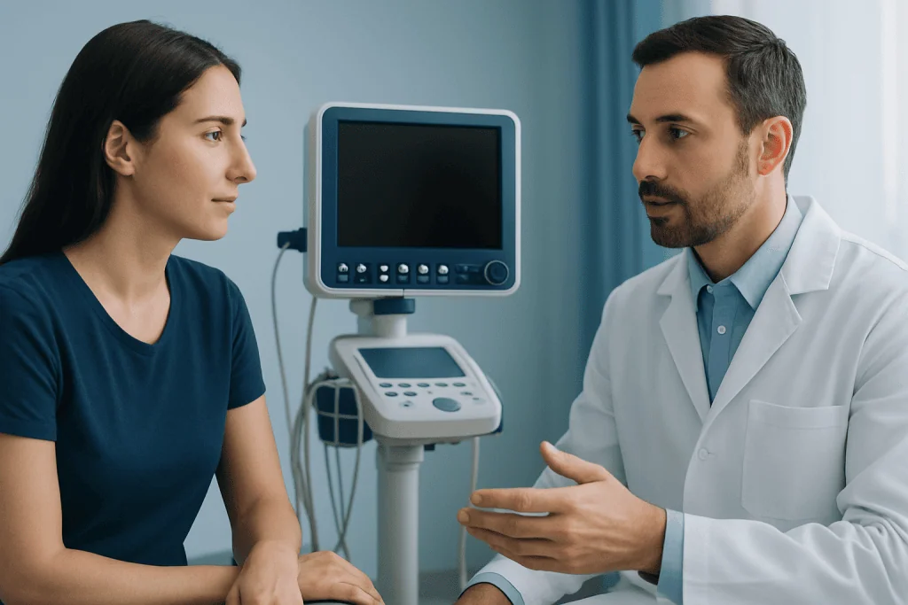 Doctor consulting patient in a medical examination room at Acibadem Hospitals.