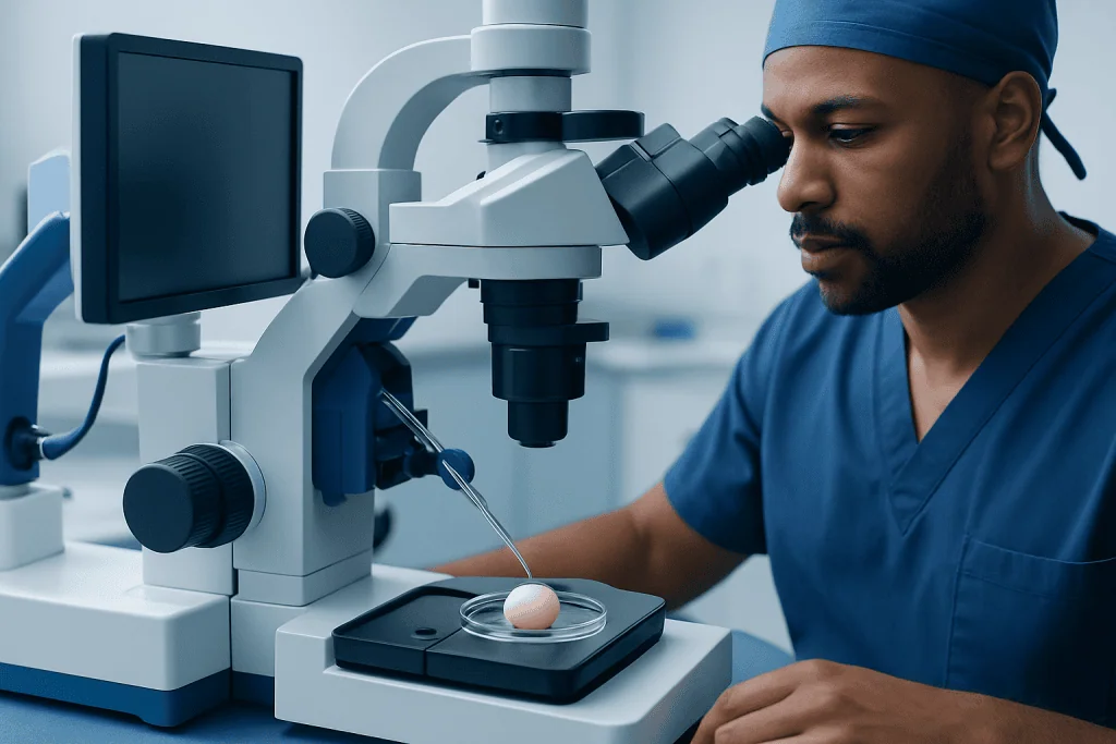 Laboratory technician examining an egg under a microscope.