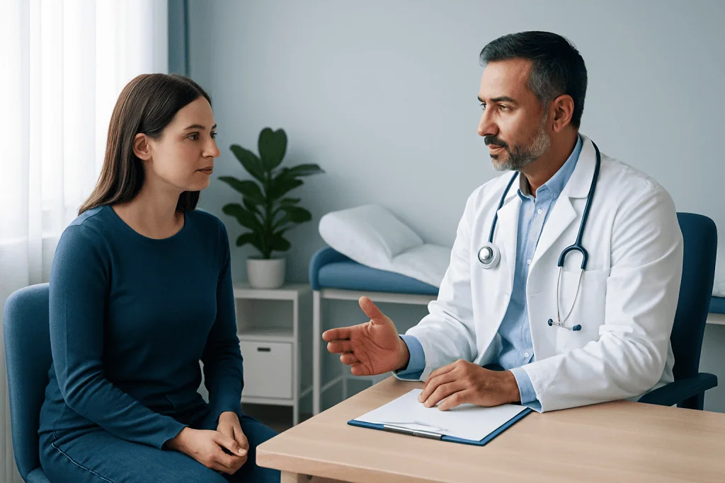 Doctor consulting with a patient in a medical office setting.