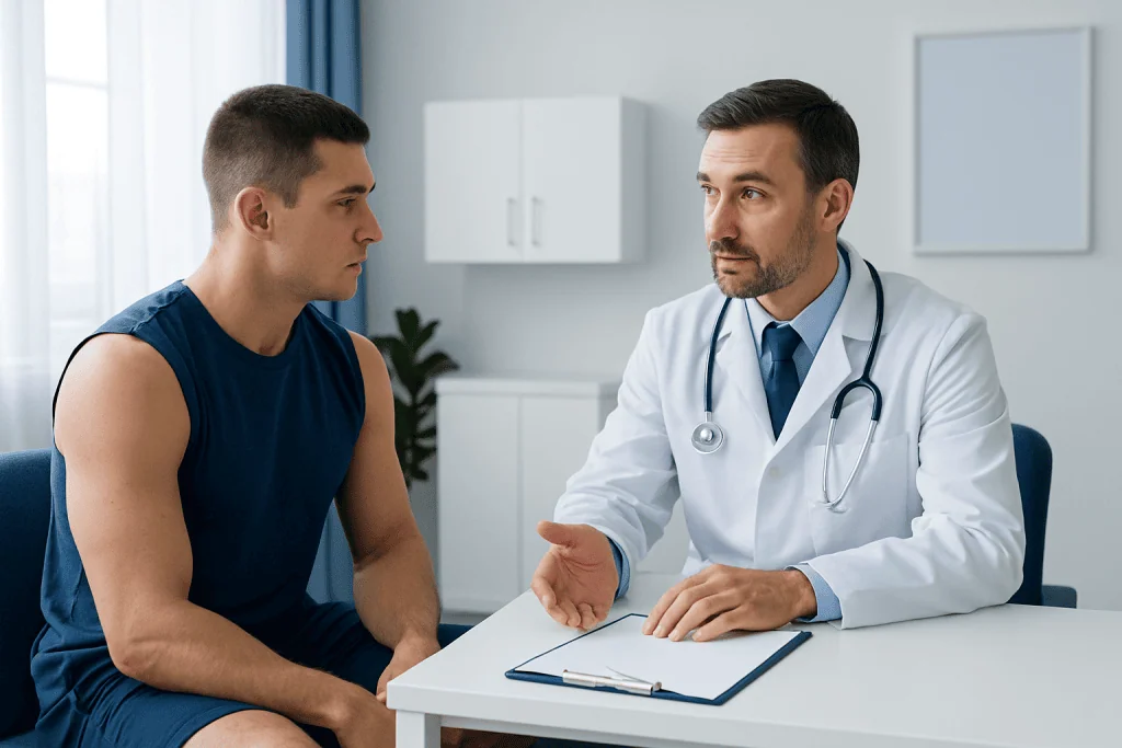 Doctor consulting with a young male patient in a medical office.