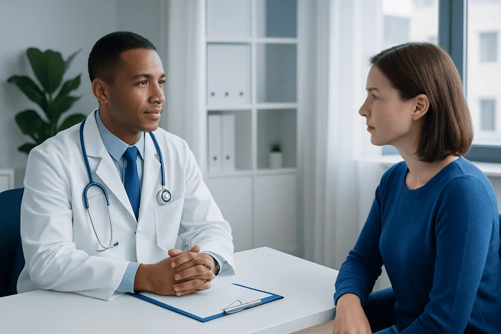 Doctor consulting with a female patient in a modern clinic setting.