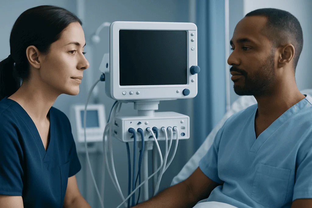 Medical professionals discussing patient care with monitoring equipment.