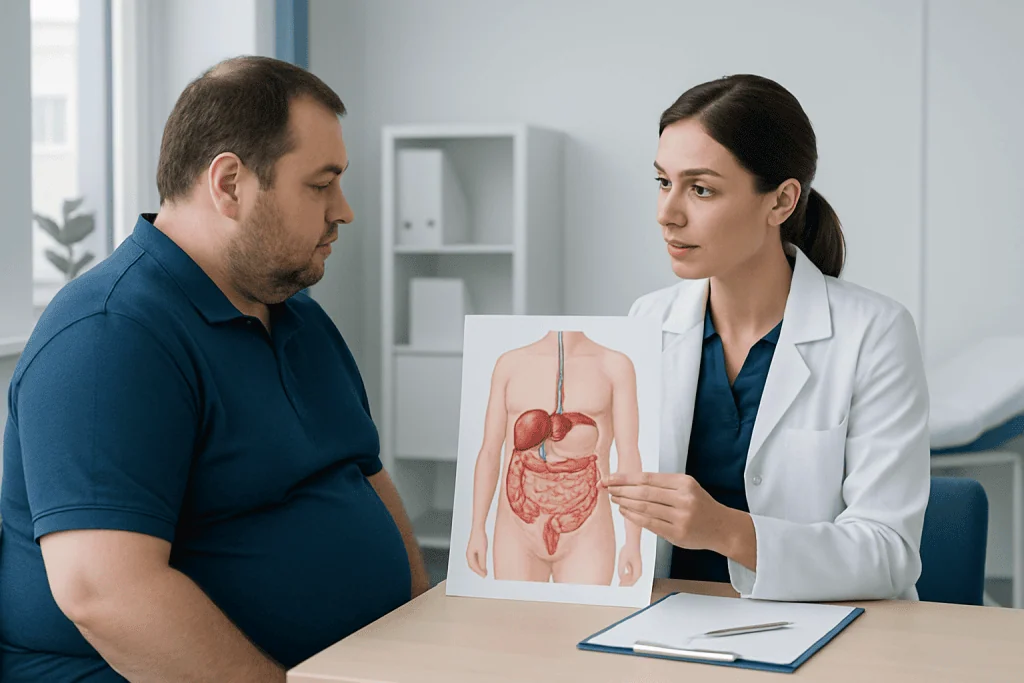 Doctor explaining visceral and subcutaneous fat with a diagram to a patient.