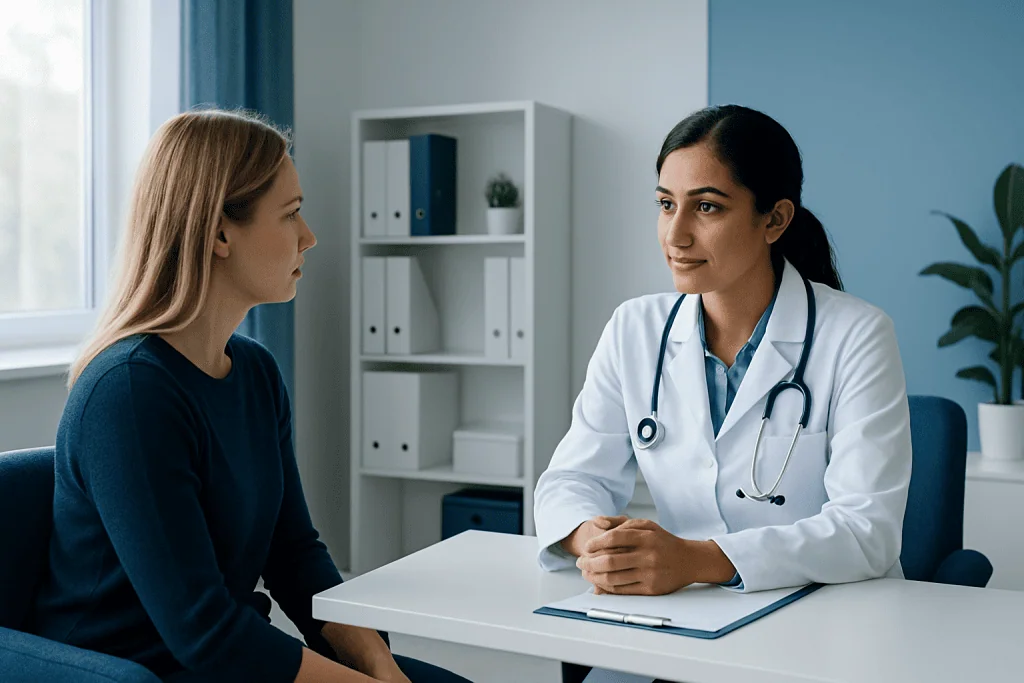 Doctor consulting with a patient in a modern medical office.