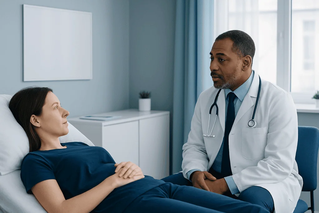 Doctor consulting with a patient in a hospital room.