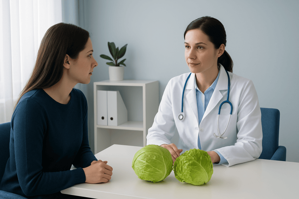 Doctor consulting with patient about leafy vegetables in a clinical setting.