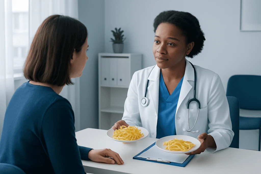 Doctor explaining differences between egg noodles and pasta to patient.