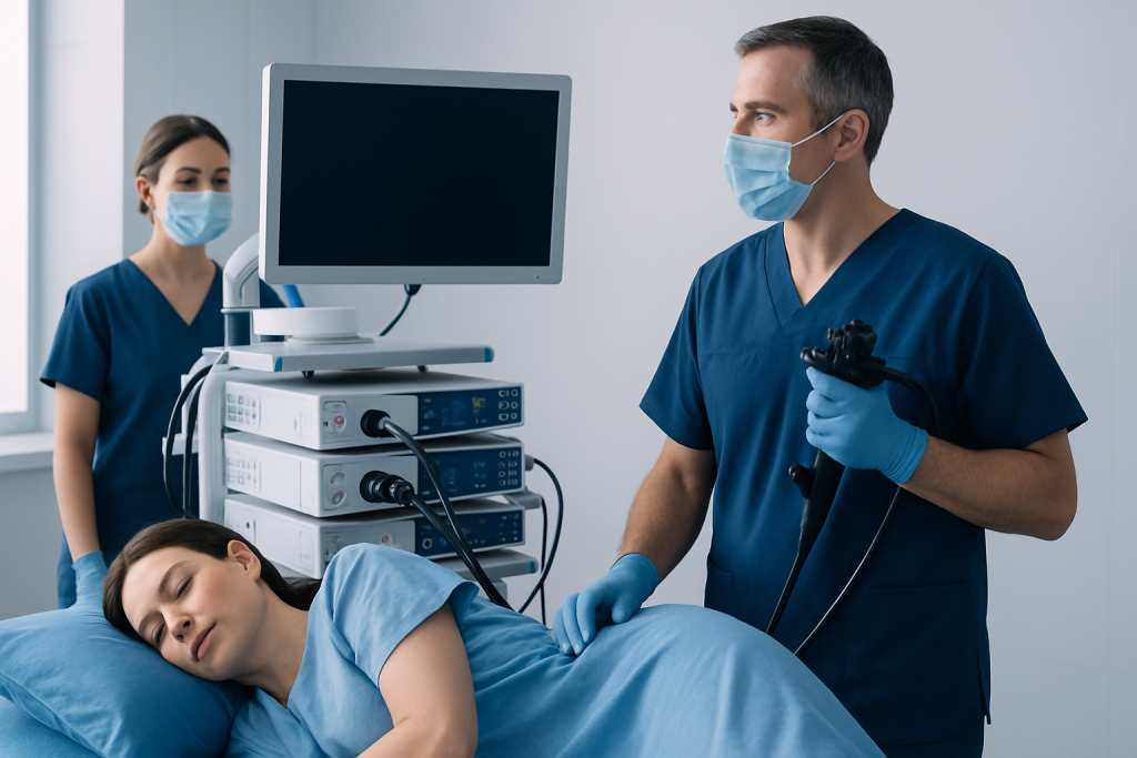 Medical professionals preparing for a colonoscopy procedure in a hospital setting.